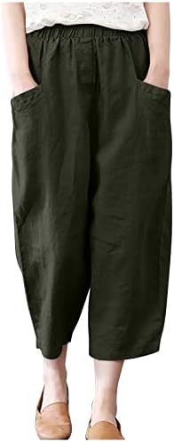 CHGBMOK Keten Pantolon Kadınlar için Capri Baggy Salonu Pantolon Cepler ile Pamuk Düz Renk Uzun Pantolon Geniş Bacak Palazzo Pantolon