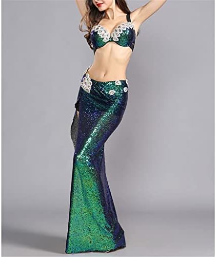 GFDFD Sequins Oryantal dans elbiseleri Sutyen Uzun Etek Kıyafet Mermaid Kostüm Oryantal Dans Kostümleri Kadın (Renk: Yeşil, Boyutu: