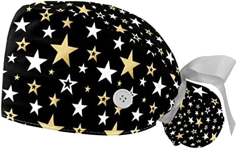HOHODIY 2 Paket çalışma kapağı Düğmeli Ter Bandı, Beyaz ve Altın Yıldız Ayarlanabilir Çalışma Şapkası