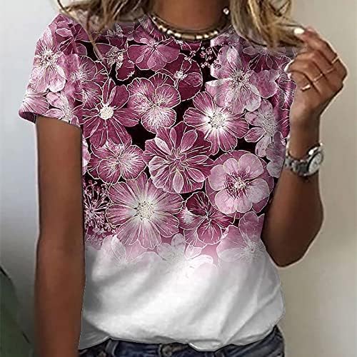 Kırpma Üstleri Kadınlar için 2023 İlkbahar ve Yaz Yeni Çiçek Baskı Kısa Kollu Yuvarlak Boyun T Gömlek Kaşkorse Tunik