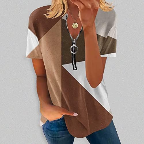 Kadın Casual Zip Up T-Shirt Gevşek Fit Hımbıl Tunik Üstleri Kısa Kollu Kazak Hippi Colorblock Tişörtleri Bluzlar