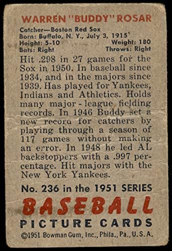 1951 Okçu 236 Buddy Rosar Boston Red Sox (Beyzbol Kartı) ZAVALLI Red Sox